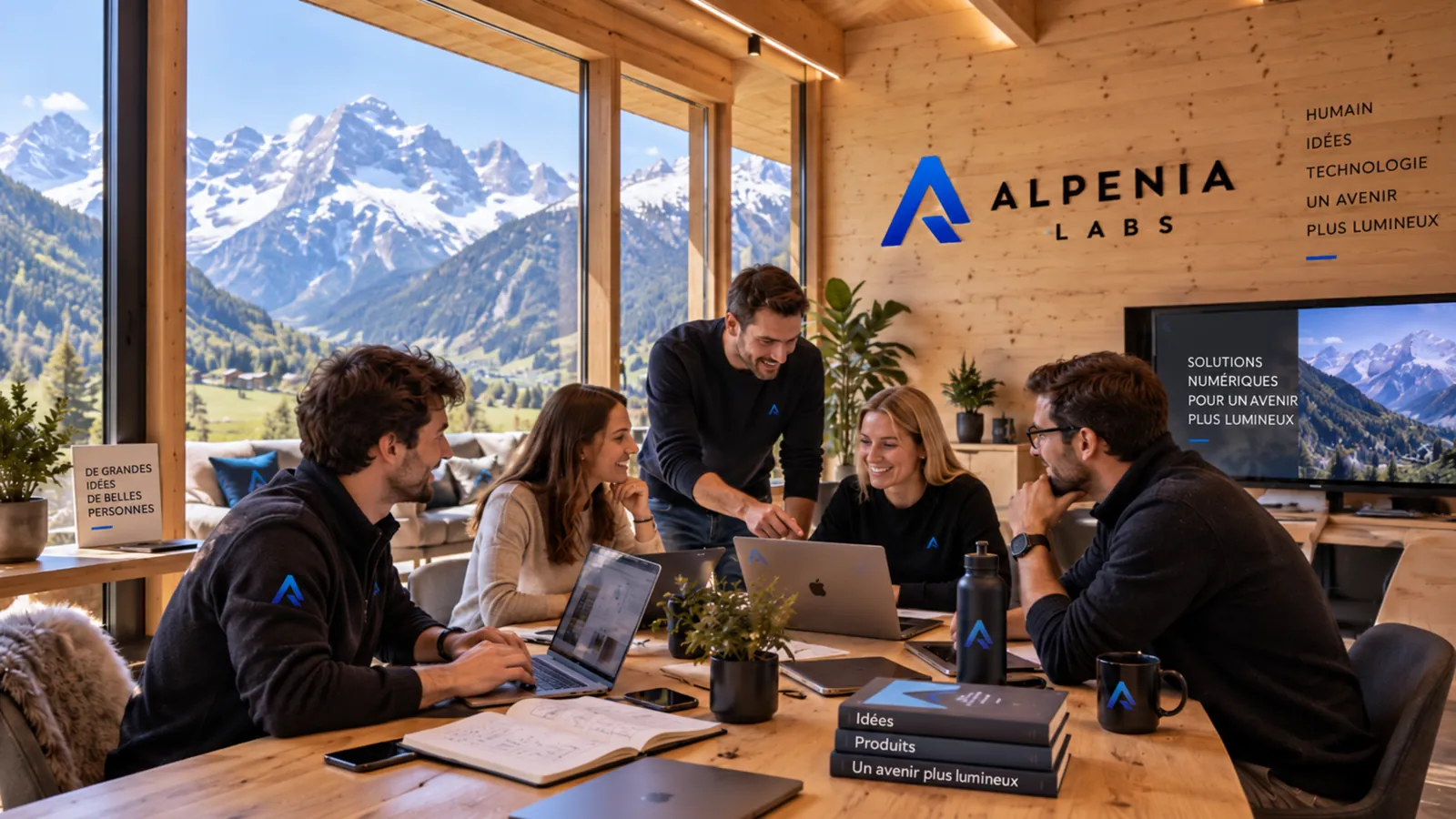 Illustrazione: un team riunito attorno a un tavolo in uno chalet di fronte alle Alpi, logo Alpenia Labs alla parete
